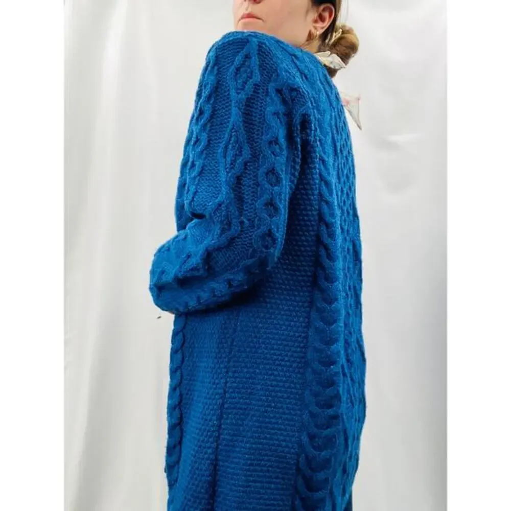 Arancrafts L blue 100% wool cable‎ knit single button long cardigan sweater